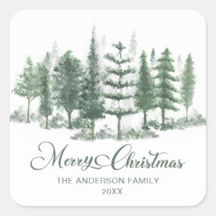 Sticker Carré Joyeux Noël Aquarelle Pine forêt
