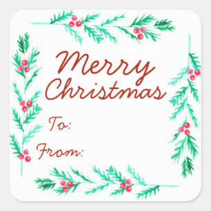 Sticker Carré Joyeux Noël Aquarelle Pine Sprig & Berries