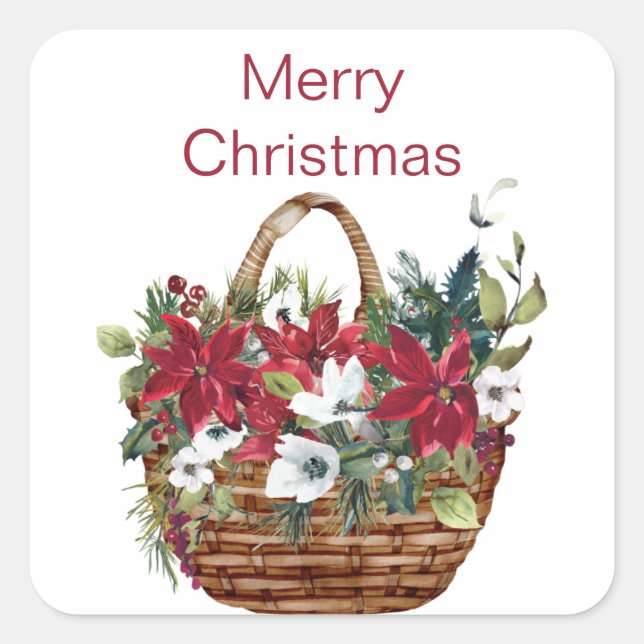 Sticker Carré Joyeux Noël Aquarelle Poinsettia Floral (Devant)