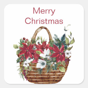 Sticker Carré Joyeux Noël Aquarelle Poinsettia Floral