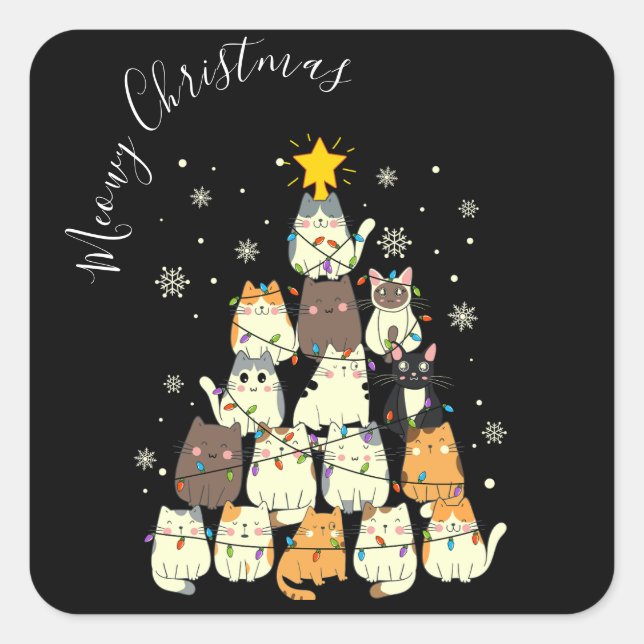 Sticker Carré Joyeux Noël Arbre à Chat (Devant)