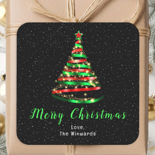 Sticker Carré Joyeux Noël arbre ruban rouge et vert