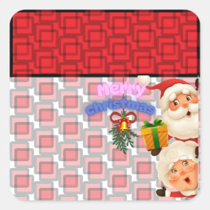 Sticker Carré Joyeux Noël avec le Père Noël et Mme Claus