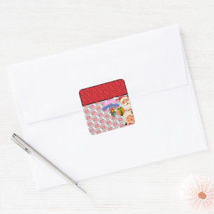 Sticker Carré Joyeux Noël avec le Père Noël et Mme Claus