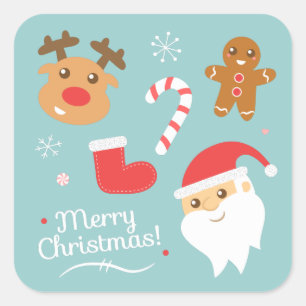 Sticker Carré Joyeux Noël avec le Père Noël, Renne, Pain d'épice