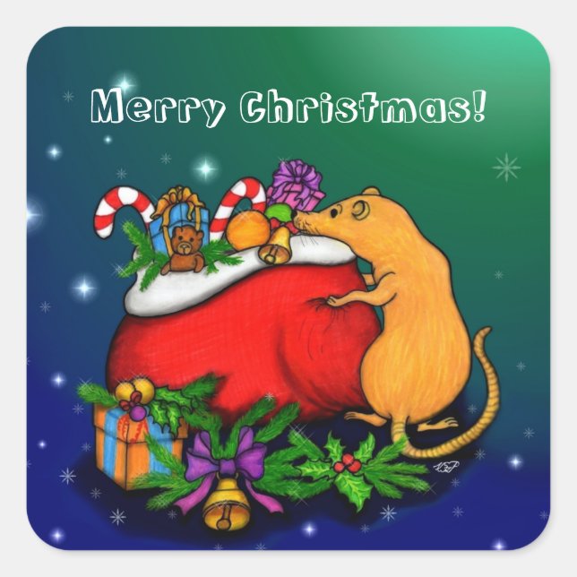 Sticker Carré Joyeux Noël avec Rat Prince (Devant)