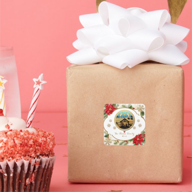 Sticker Carré Joyeux Noël, Bébé Jésus scène de la Nativité (Fête)