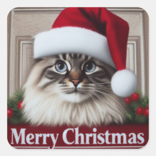 Sticker Carré Joyeux Noël Birman Chat, Noël Père Noël Chat Birma