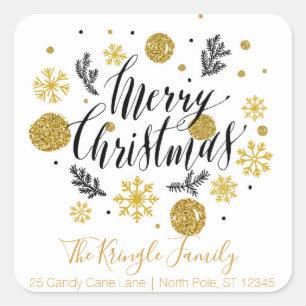 Sticker Carré Joyeux Noël Black Gold Famille Adresse de retour