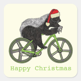 Sticker Carré Joyeux Noël Blaireau à vélo 
