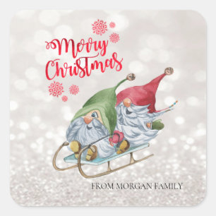Sticker Carré Joyeux Noël, Bokeh scintillant, Lutins mignons sur