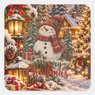 Sticker Carré Joyeux Noël Bonhomme de Neige