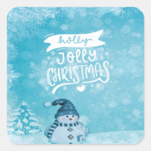 Sticker Carré Joyeux Noël, bonhomme de neige mignon sapin flocon