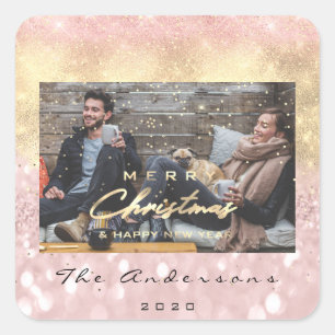 Sticker Carré Joyeux Noël Bonne année Pink Gold Photo