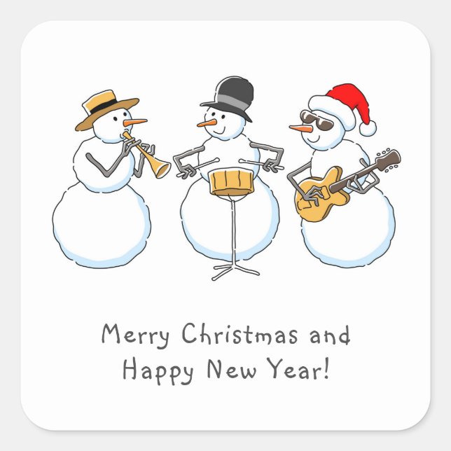 Sticker Carré Joyeux Noël Bonne année Snowman Jazzband (Devant)