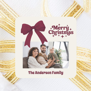 Sticker Carré Joyeux Noël bordeaux arc beige retro photo