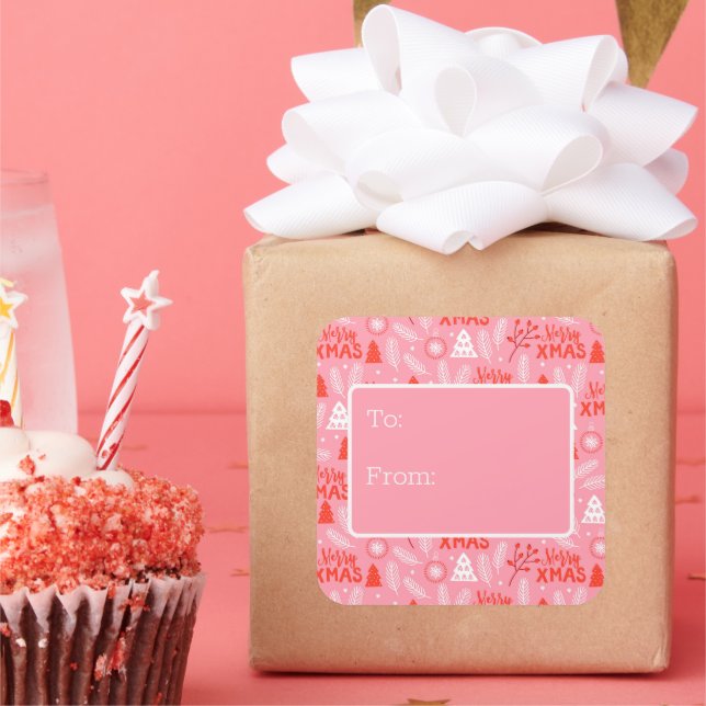 Sticker Carré Joyeux Noël Botanique Rose-Rétro (Fête)