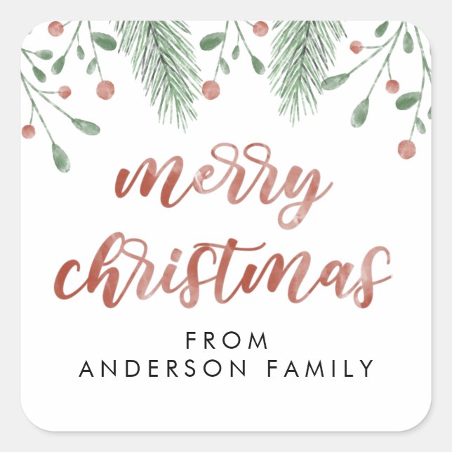 Sticker Carré Joyeux Noël Calligraphie Cerise Botanique (Devant)