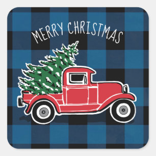 Sticker Carré Joyeux Noël Camion Vintage Bleu Buffalo Plaid