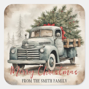 Sticker Carré Joyeux Noël Camion Vintage Personnalisé