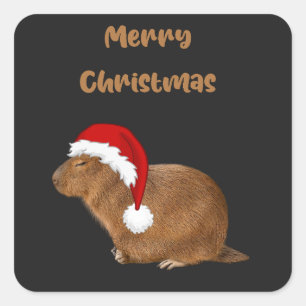Sticker Carré Joyeux Noël Capybara ; Capybara de Santa Hat