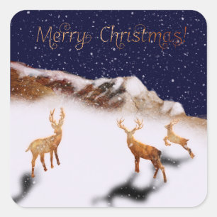 Sticker Carré Joyeux Noël - cerfs en bois et montagnes sous la n