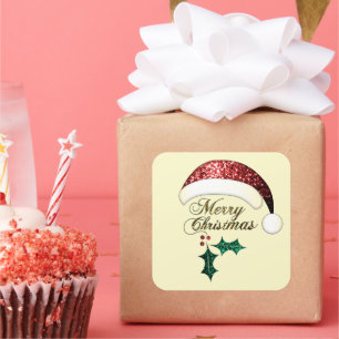 Sticker Carré Joyeux Noël chapeau de Noël Rouge or Vert Éclats