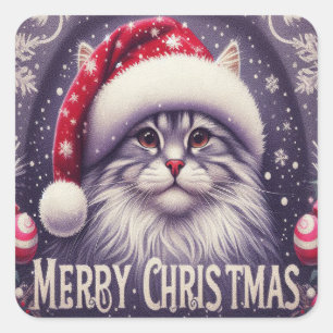 Sticker Carré Joyeux Noël Chat Sibérien, Noël Père Noël Kitten