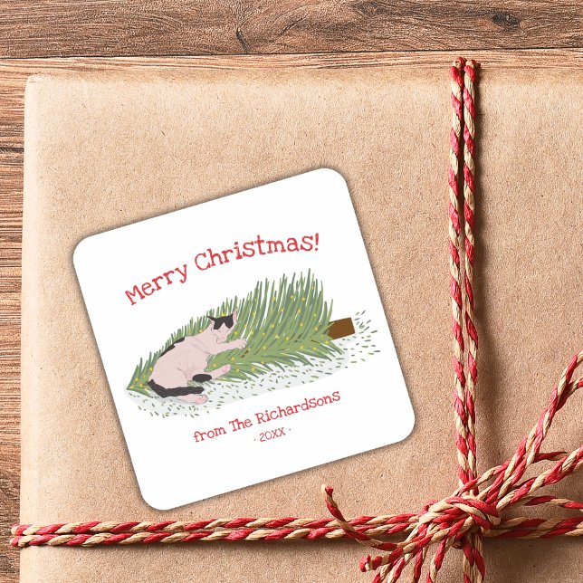Sticker Carré Joyeux Noël ! Chats contre sapins de Noël des Fête (Créateur téléchargé)