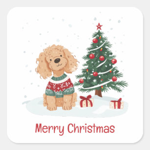 Sticker Carré Joyeux Noël Chien Goldendoodle