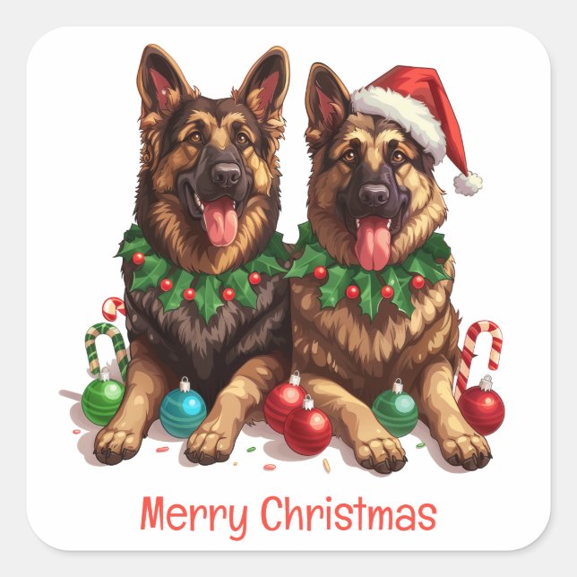 Sticker Carré Joyeux Noël Chiens Berger Allemand (Devant)