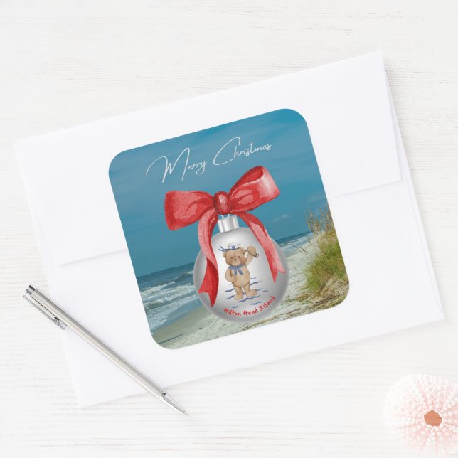 Sticker Carré Joyeux Noël côtier Hilton Head Island Beach (Enveloppe)