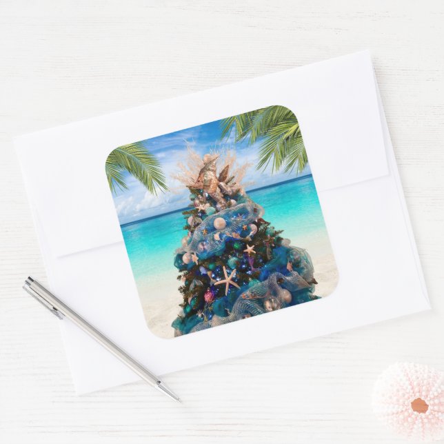 Sticker Carré Joyeux Noël côtier Plage tropicale Holiday Tree (Enveloppe)