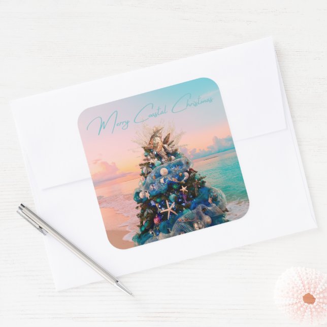 Sticker Carré Joyeux Noël côtier Plage tropicale Holiday Tree (Enveloppe)
