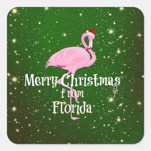 Sticker Carré Joyeux Noël de Floride, Père Noël Flamant rose (Devant)