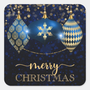 Sticker Carré Joyeux Noël élégant en bleu royal et ornement doré