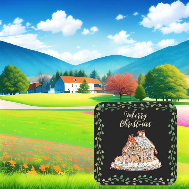 Sticker Carré Joyeux Noël en pain d'épices Maison Green Wreath (Merry Christmas Gingerbread House Green Wreath Square Sticker)