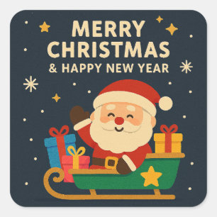 Sticker Carré Joyeux Noël et Bonne Année - Père Noël