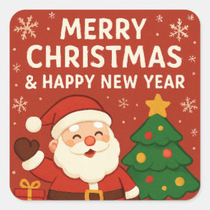 Sticker Carré Joyeux Noël et Bonne Année - Père Noël