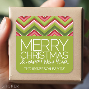 Sticker Carré Joyeux Noël et HNY - Chevrons Bright personnalisés