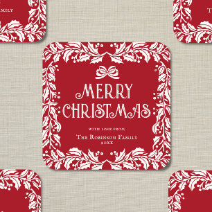 Sticker Carré Joyeux Noël Famille Rouge Blanc Guirlande