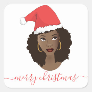 Sticker Carré Joyeux Noël, Femme noire, Chapeau de Père Noël Rou
