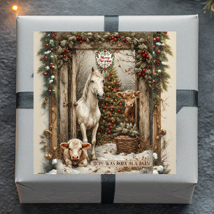 Sticker Carré Joyeux Noël Ferme Rustique Vache Pays Cheval