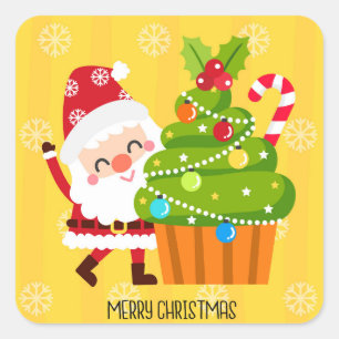 Sticker Carré Joyeux Noël Festif Père Noël Cupcake