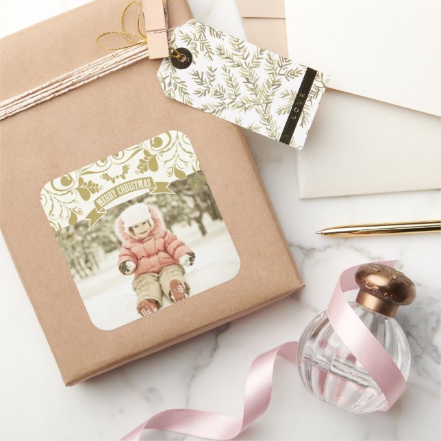 Sticker Carré Joyeux Noël Fleur Art Nouveau Élégante Photo (Cadeaux)