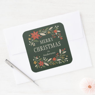 Sticker Carré Joyeux Noël Floral Folk Vert