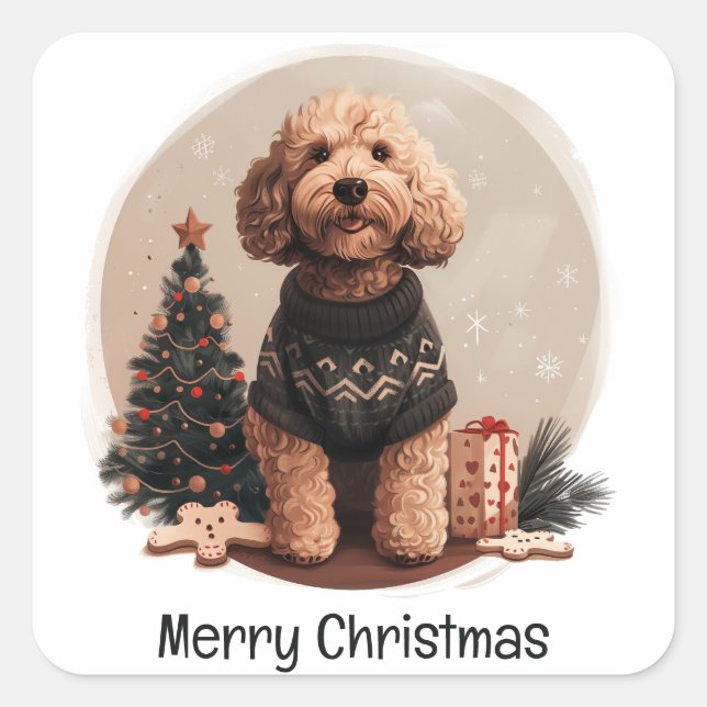 Sticker Carré Joyeux Noël Goldendoodle Chiens de chiot (Devant)