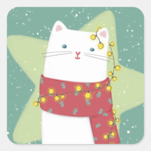 Sticker Carré Joyeux Noël : Illustration de chat