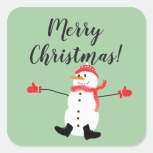 Sticker Carré Joyeux Noël Joli Bonhomme de Neige sur Fond Vert S