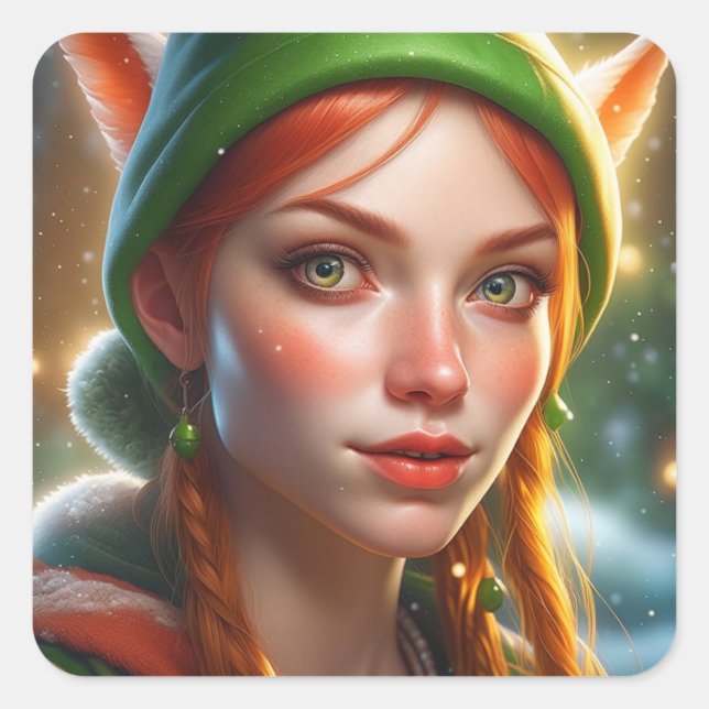 Sticker Carré Joyeux Noël Joli Elf (Devant)